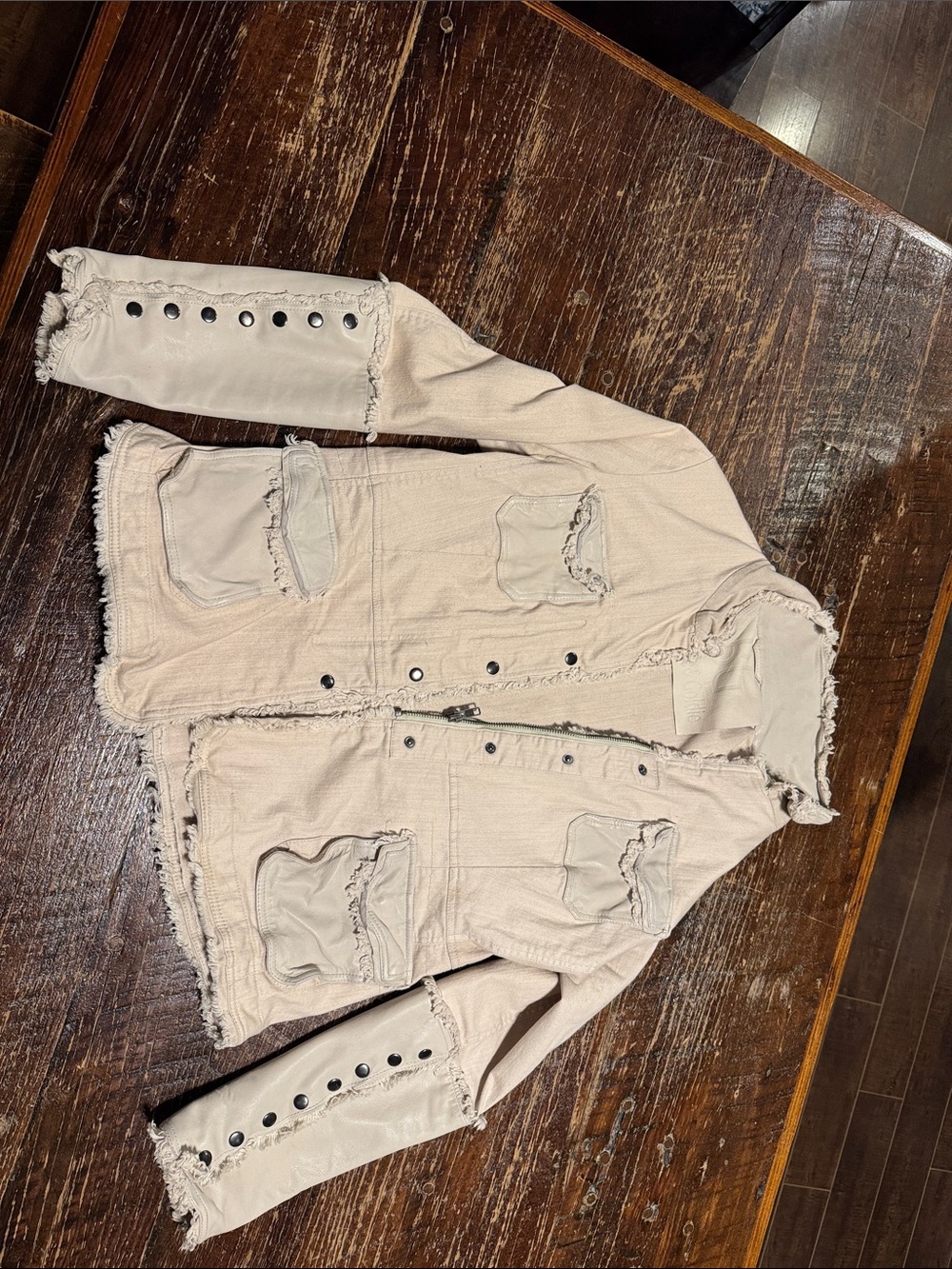 Frayed Trim Neutral Beige Jean Jacket with Snap Stud Accents